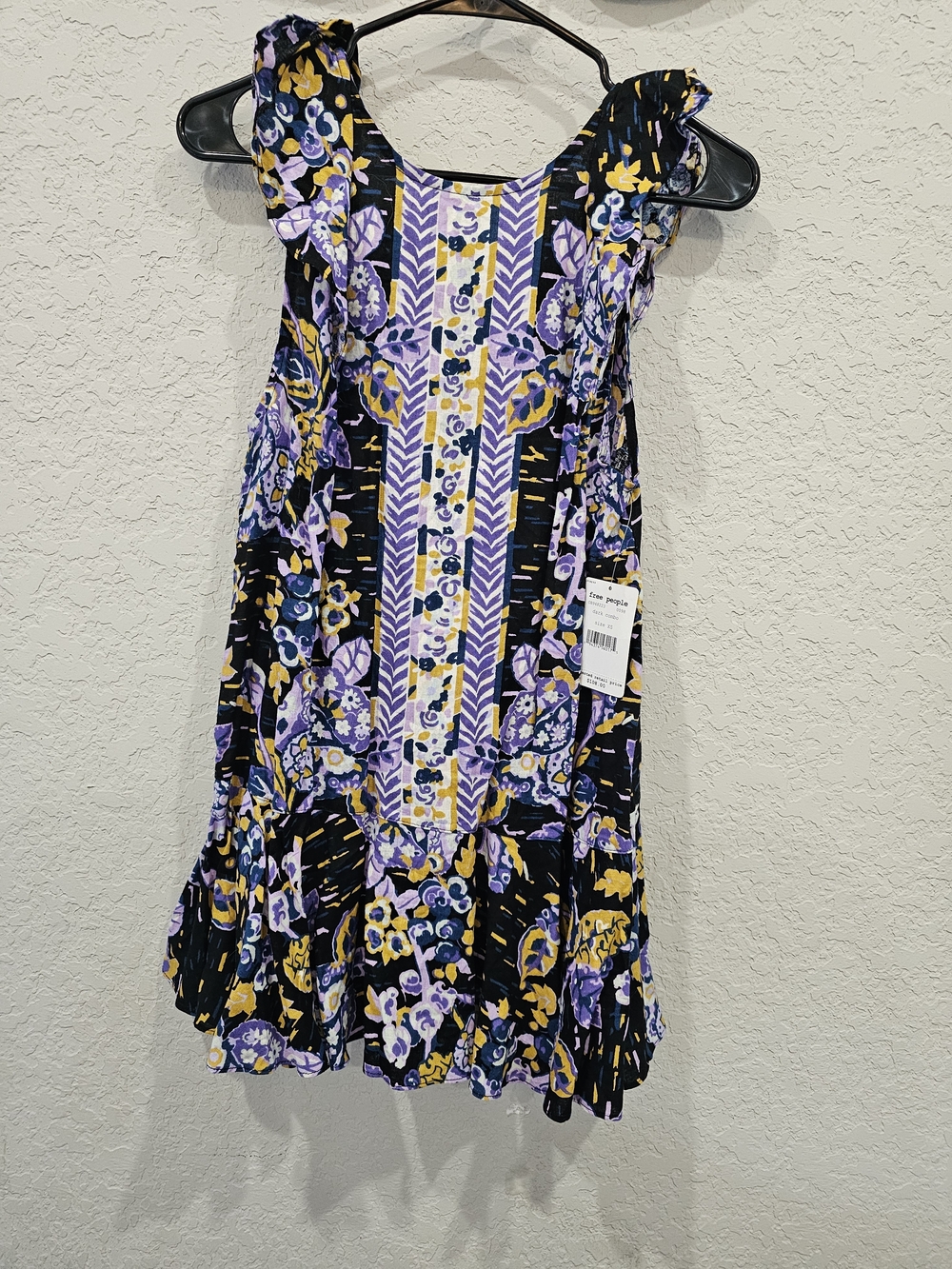 Free People Black Floral Ruffle Top with Purple & Yellow Accents
